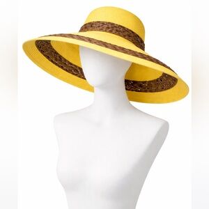 Collection Eighteen Wide Brim Oversized Yellow & Brown Straw Sun Summer Hat 20”